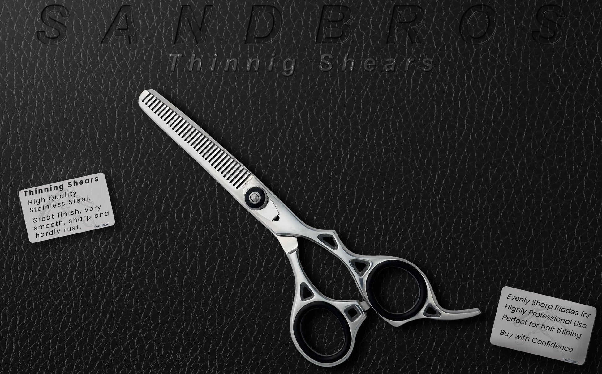 premium hair thinning scissors on black leather background